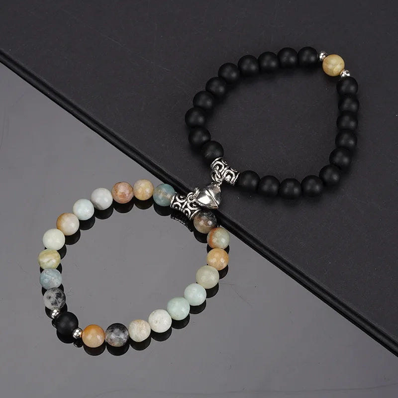 2Pcs/Set Natural Stone Beaded Heart Magnet Attraction Couple Bracelets For Women Men Simple Love Relationship Bracelet Jewelry