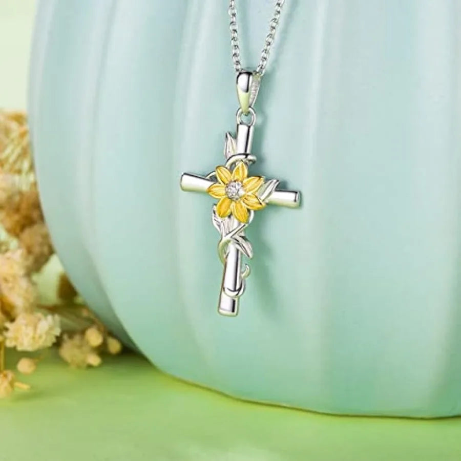 1pc Trendy Creative Sunflower Cross Pendant Necklace, Sunflower Necklace Jewelry,Birthday Party Anniversary Gift Best-selling