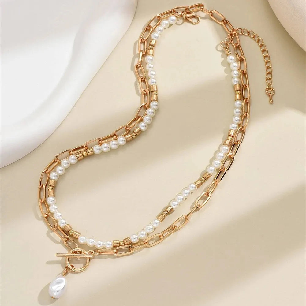 Gold-plate Faux Pearl Snake Chain Shell Pendant Necklaces For Women Necklace New Multi Level Female Boho Vintage Jewelry Gift