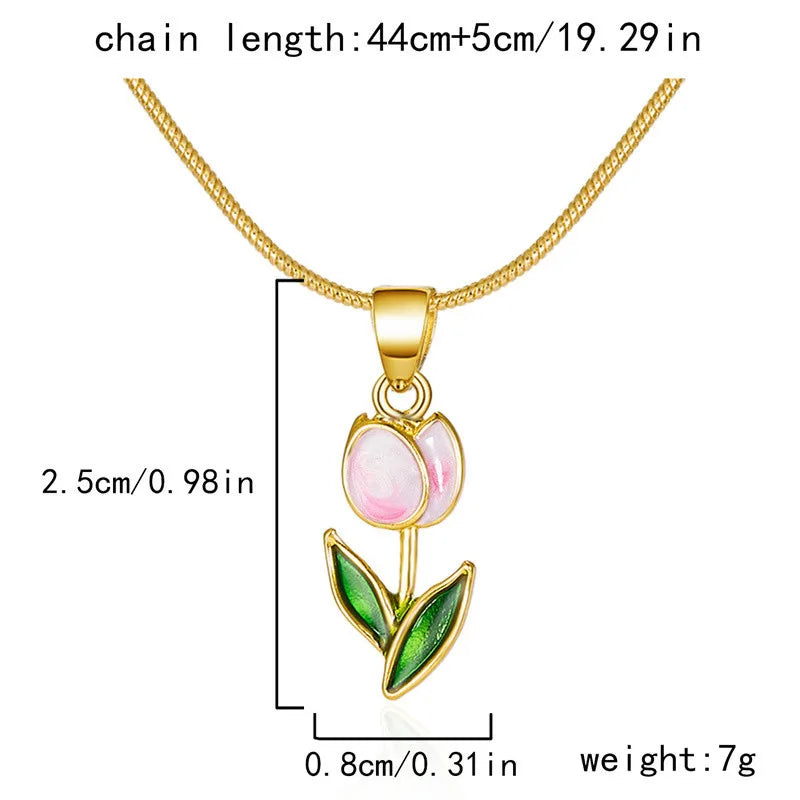 Vintage Elegant Enamel Tulip Flower Pendant Necklace For Women Fashion Young Girls Personality Accessories Clavicle Chain Choker