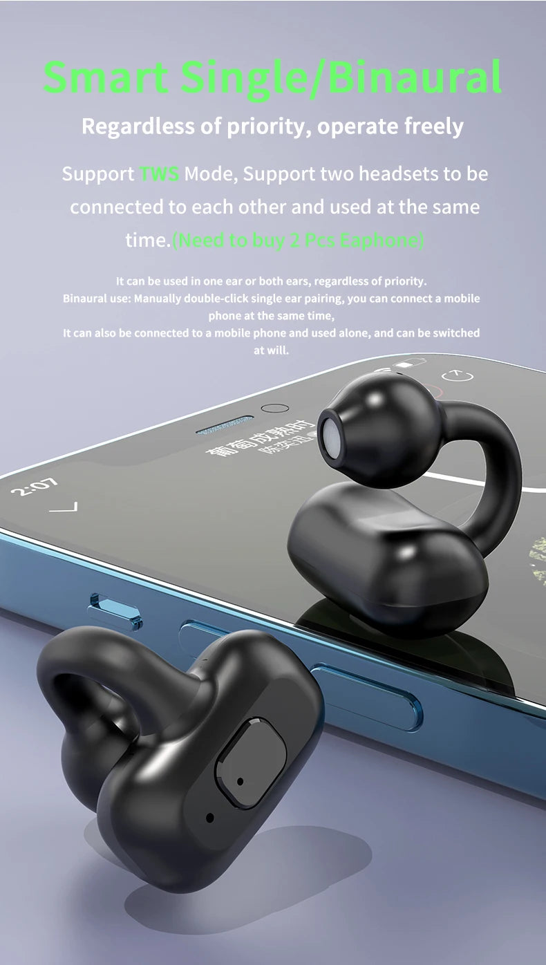 Ear-Clip Wireless Earphone HIFI Heavy Bass Surround Stereo Sound TWS Bluetooth 5.3 Headsets With Mic DT3.0 For Sports Game Music