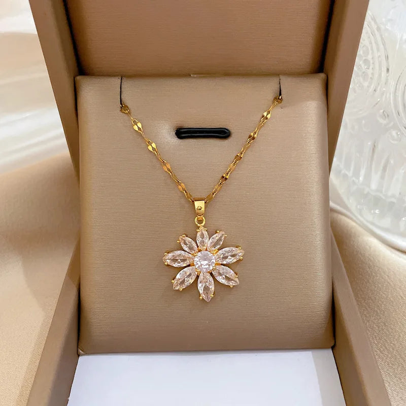 OIMG Stainless Steel Multiple Styles New Design Heart Flower Zircon Pendant Necklace for Women Girls Elegant Luxury Jewelry