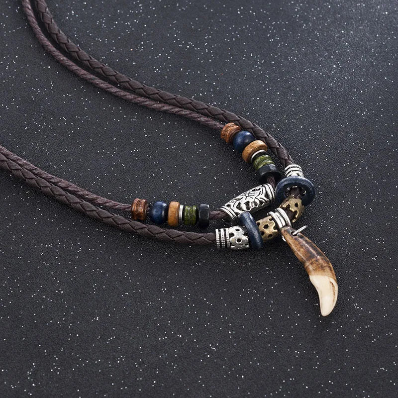 Bohemia Tooth Pendant Necklace for Men Women Beaded Weaved Leather Necklace Natural Style Initial Necklaces Jewelry Mens Gifts