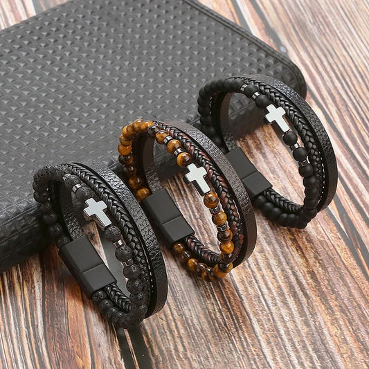 Vintage Multi-Layer Leather Bracelet Men Punk Cross Charm Tiger Eye Stone Beads Bracelet Fashion Braided Wrap Wristbands Jewelry