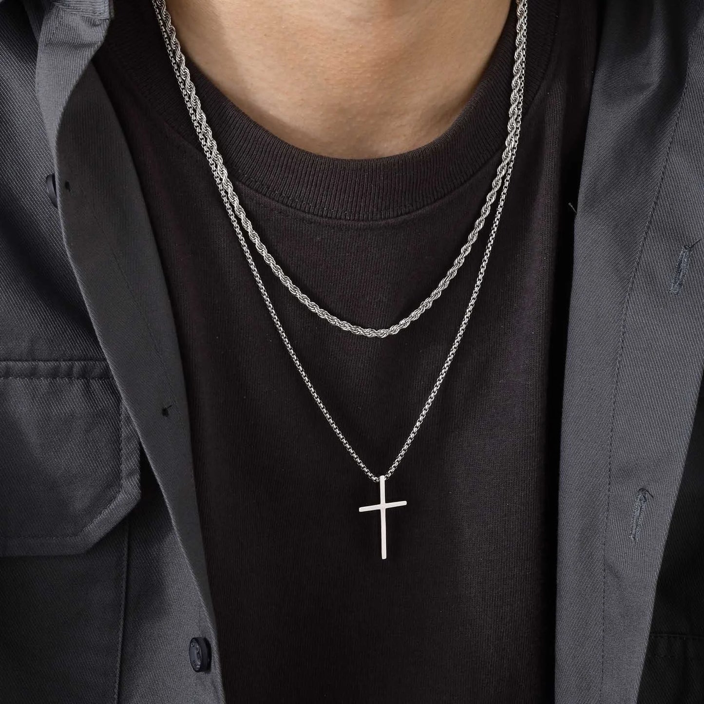 Vnox Mens Cross Necklaces, Stainless Steel Layered Plain Cross Pendant, Rope Box Chain Necklace, Simple Prayer Jesus Collar