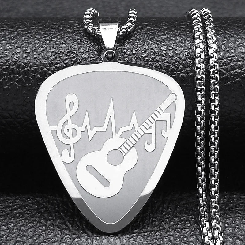 Rock Music Note Guitar Pick Necklace for Women Men Silver Color Stainless Steel Musical Symbol Chain Necklaces colares N7957S06