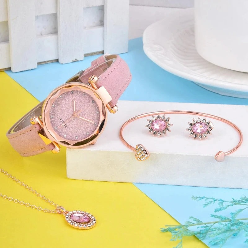 4PCS Women Watch Luxury Fashion Elegant Alloy Watch Colourful PU Leather Strap Wristwatch For Ladies Gift Quartz Watch NO BOX