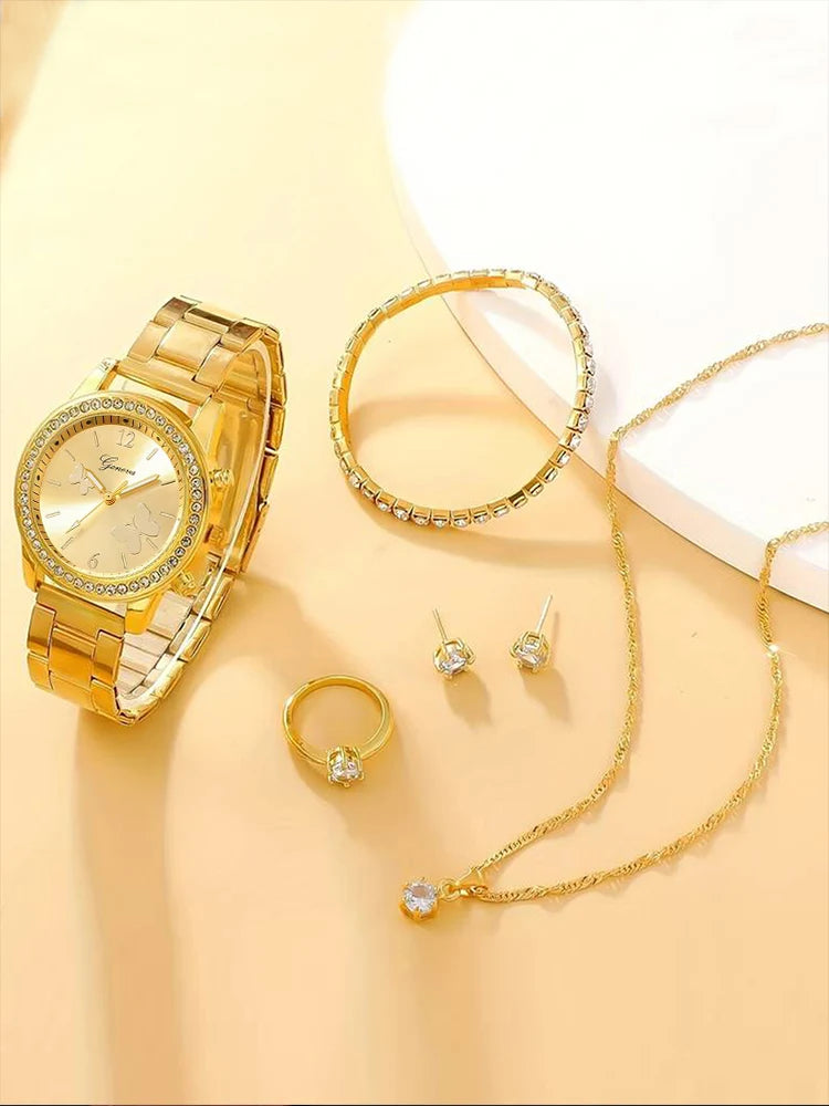 WOMEN'S Quartz Steel Band Watch + necklace + earrings + ring bracelet