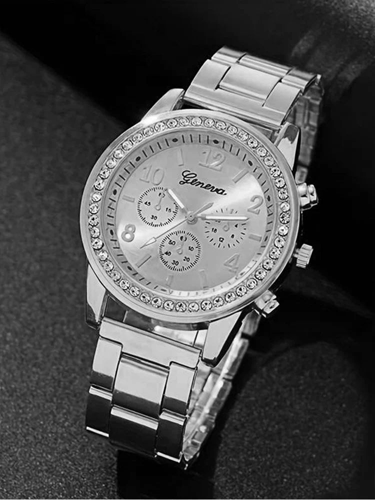 WOMEN'S Quartz Steel Band Watch + necklace + earrings + ring bracelet