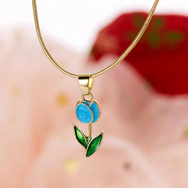 Vintage Elegant Enamel Tulip Flower Pendant Necklace For Women Fashion Young Girls Personality Accessories Clavicle Chain Choker