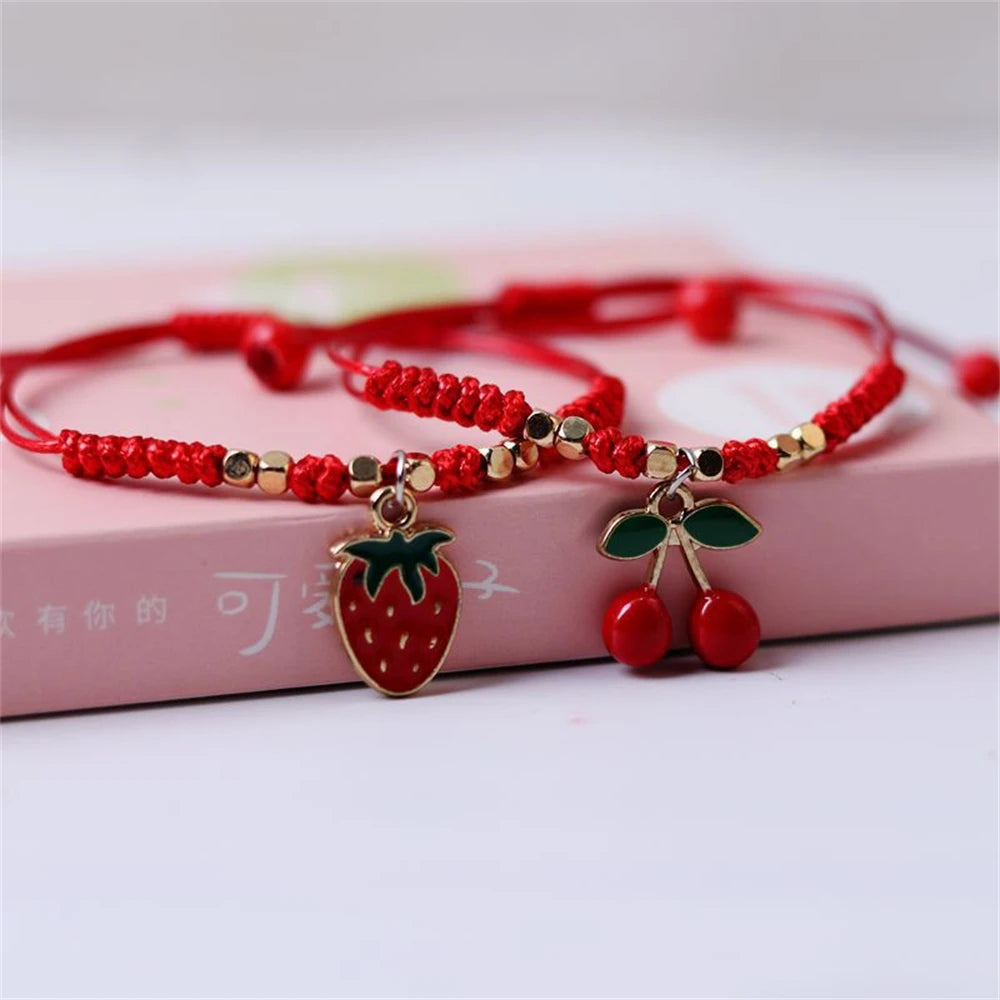 Handwoven Strawberry Cherry Bracelets Cute Red Rope Friendship Jewelry for Girls Sweet Fruit Pendan Accessories Fashion Gifts