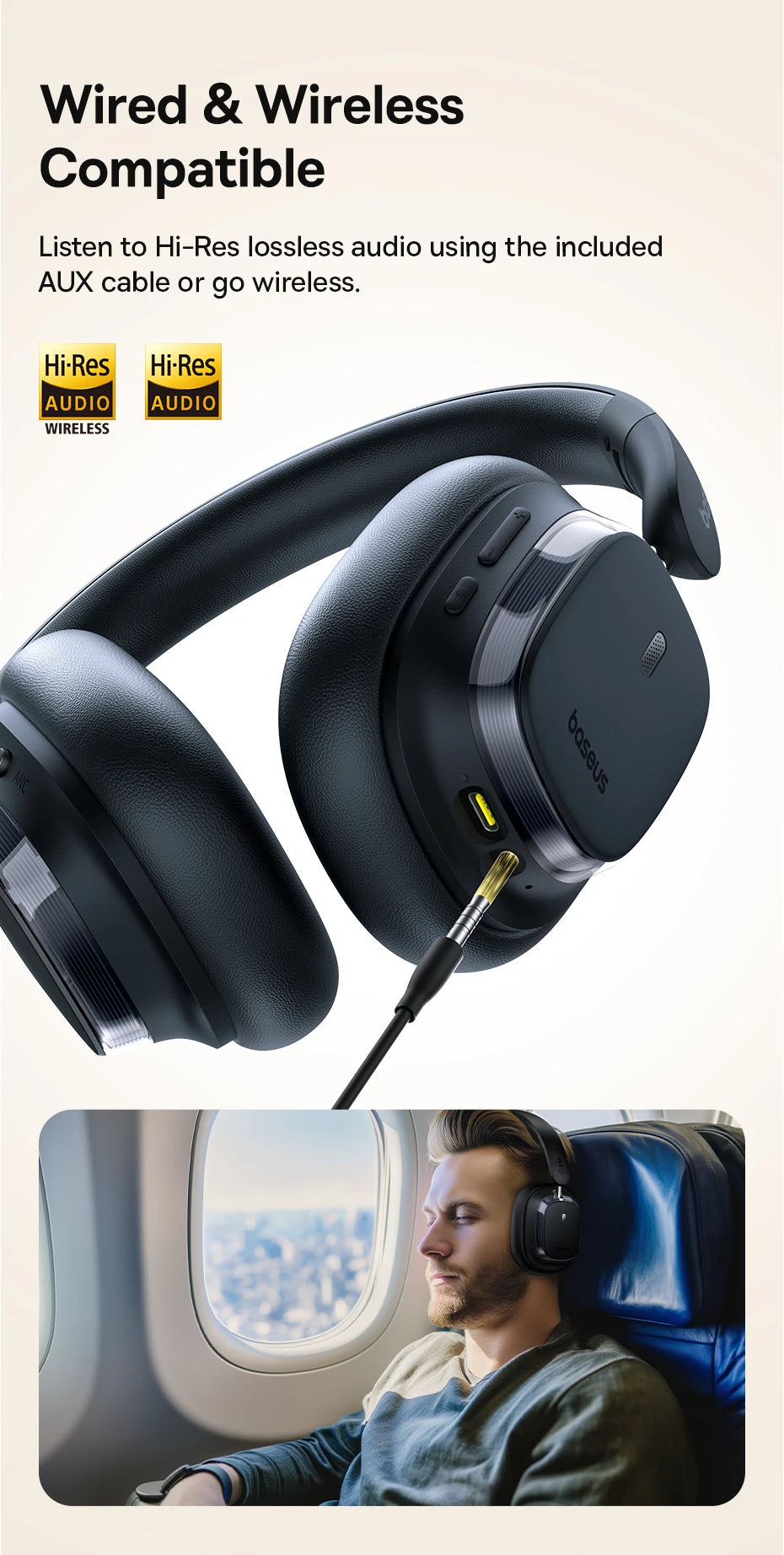 Baseus Bowie 10 Max Wireless Headphones Hybrid -46dB Noise Cancelling 120H Gaming Time Hi-Res Earphones Bluetooth 5.4 Headset