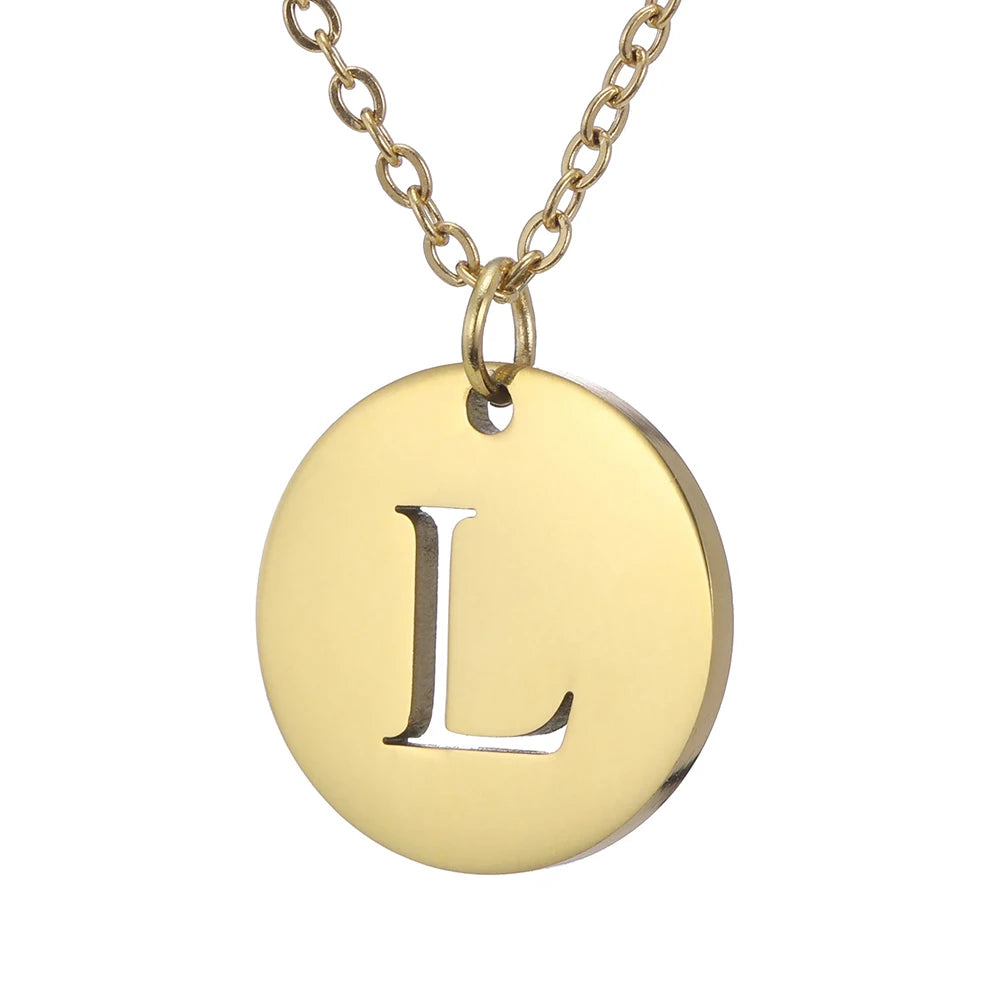 Amaxer Stainless Steel Necklace Fashion Gold Color Initial Charms Metal Round A To Z Letters For Women Single Name Jewelry Gifts