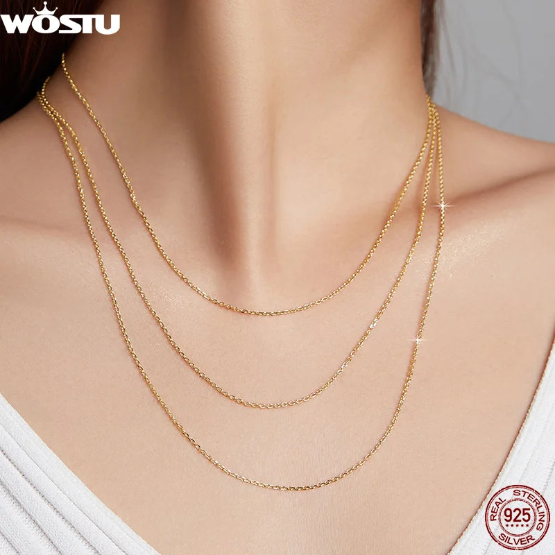 WOSTU 925 Sterling Silver Plated Gold Simple Basic Clasp Chain Necklace For Women Wedding Party Fine Fashion Jewelry Gift Making