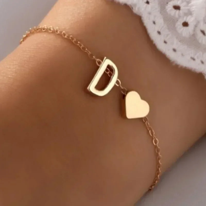 26 English Initial Letter Bracelets for Lovers Women Men DIY Personalized Name Alloy Heart-shaped Bracelets Jewelry Anniversary