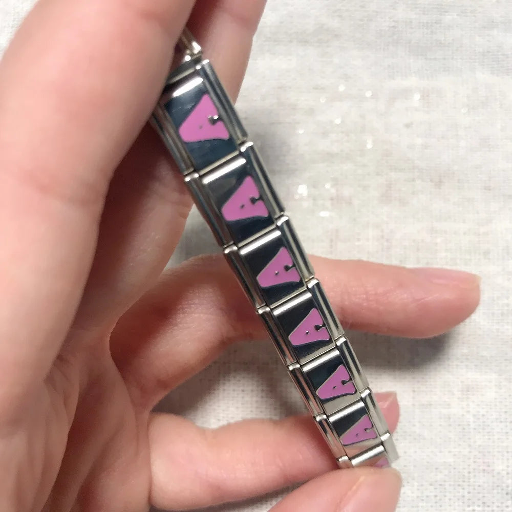 2024 New Fashion Pink 26 English Letters A-Z Italian Links Charm Fit 9mm Stainless Steel Women Men Bracelet Jewelry DIY Making