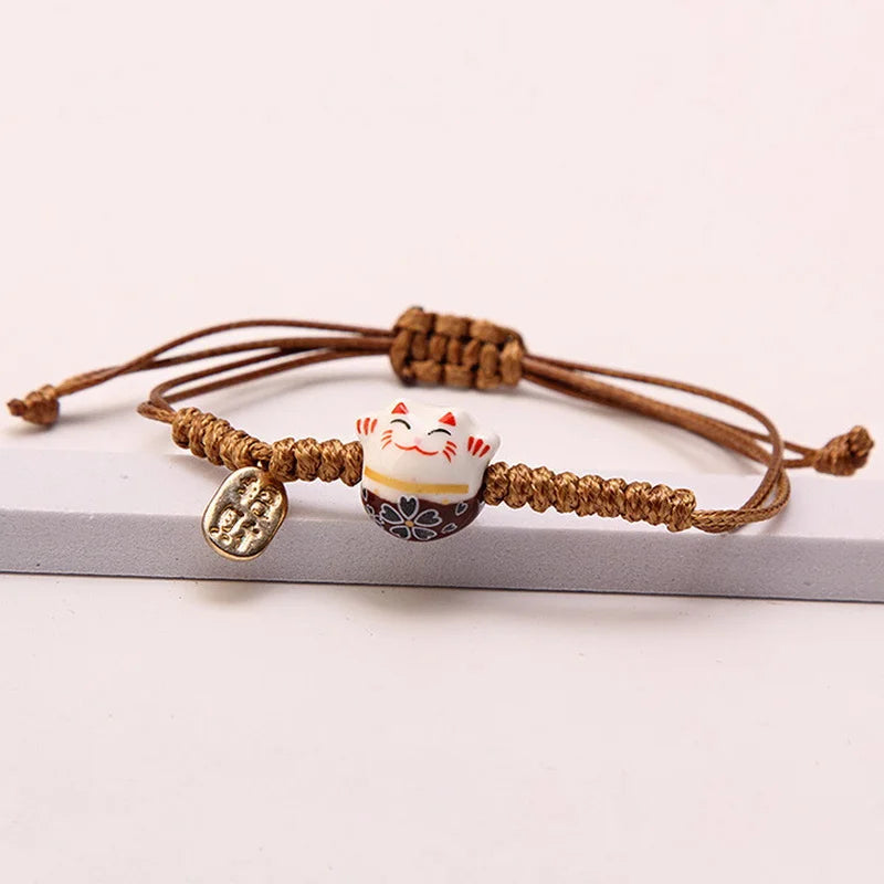 Simple Ceramic Lucky Cat Braided Bracelet for Women Men Multicolor Cute Animal Hand-Knitted Adjustable Bracelet Harajuku Jewelry