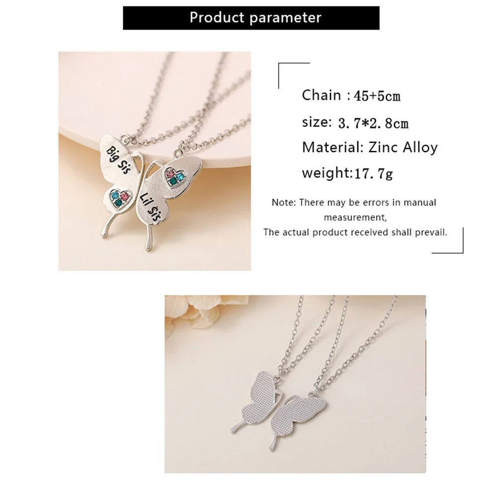 2 PCS Sister Necklace Big Sis Little Heart Stitching Pendant For Women Girl Butterfly Friendship Necklace Jewelry Banquet Gift