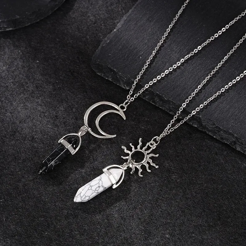 2Pcs Couples New European and American Retro Sun Moon Natural Stone Hexagonal Column Crystal Couple Jewelry Necklace