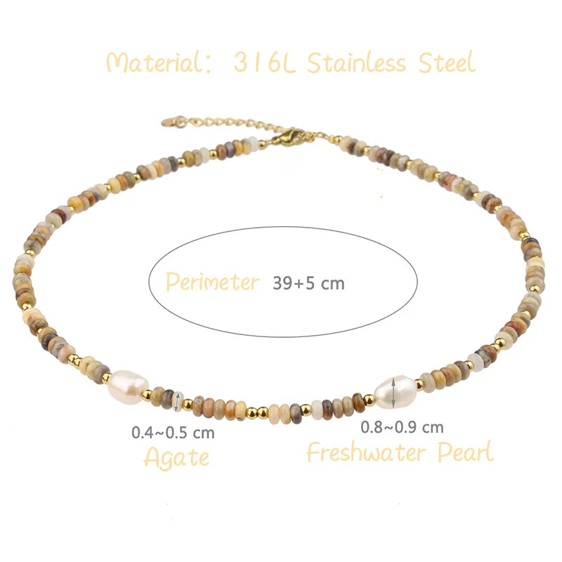 PAPERPLUS | Agate Pearl Necklace for Women.316L Stainless Steel. Luxury Freshwater Pearl Jewelry.Colorful.High Quality. Souvenir