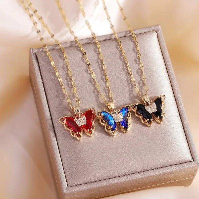 New Trendy Luxury Zircon Butterfly Pendant Necklace for Women Girls Stainless Steel Clavicle Chain Female Elegant Party Jewelry