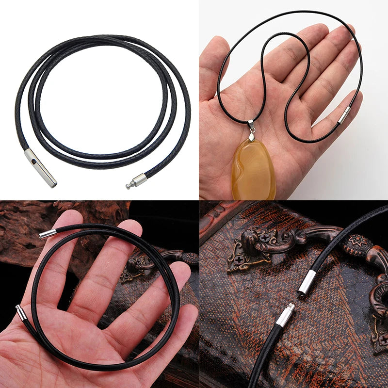 Black Leather Chain Necklace for Women Men Handmade Waxed Braid Rope Stainless Steel Clasp Necklace Neck Pendant Chain Jewelry