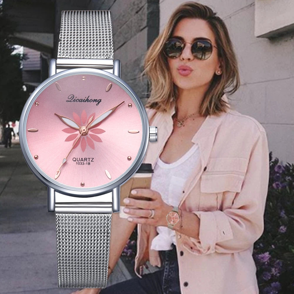 Watches For Women Luxury Silver Popular Pink Dial Flowers Metal Ladies Bracelet Quartz Clock Ladies Wrist Watch New Clock