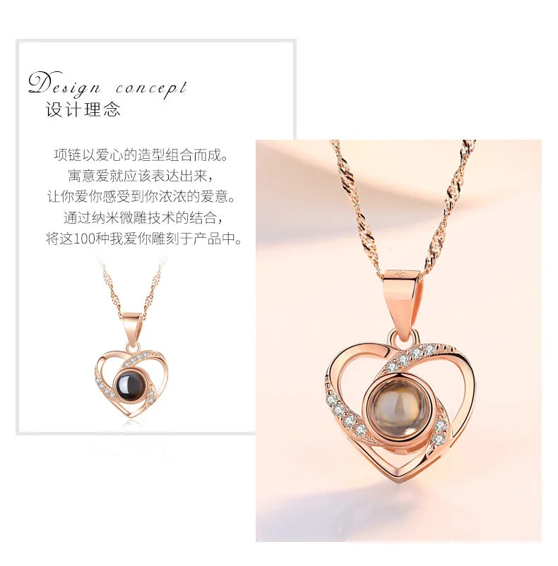 1pc Love Heart Necklace 100 Languages I Love You Projection Pendant Jewelry for Mom Girlfriend Birthday Romantic Fashion Gifts