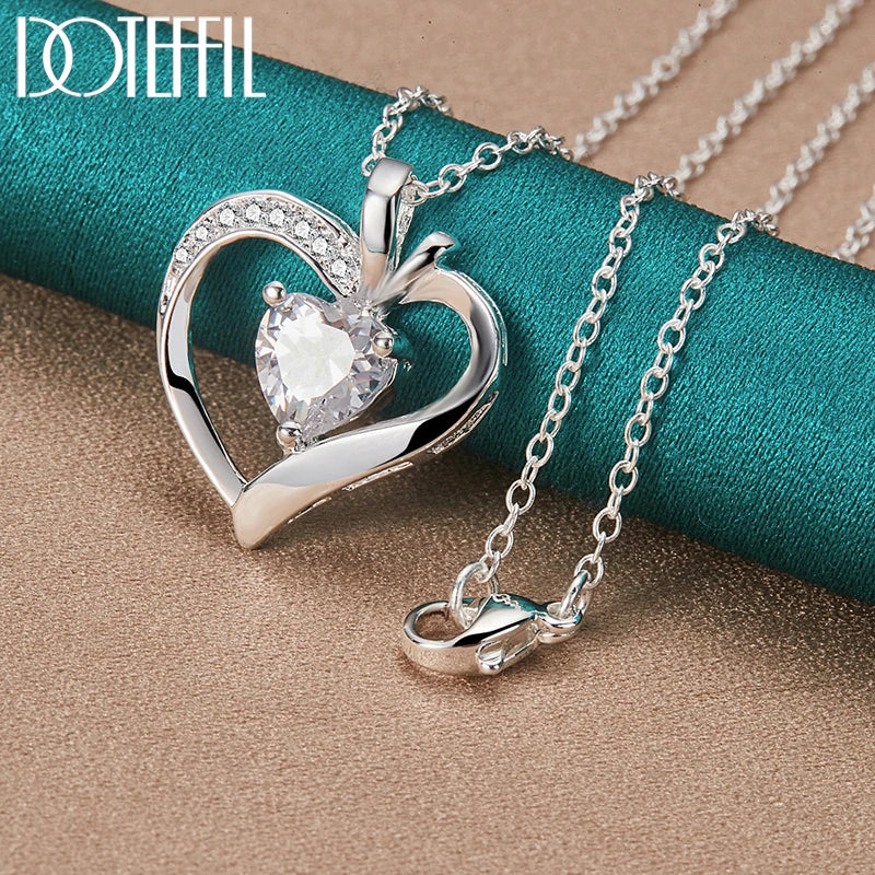 DOTEFFIL 925 Sterling Silver 16-30 Inch Chain AAA Zircon Heart Pendant Necklace For Woman Wedding Engagement Charm Jewelry