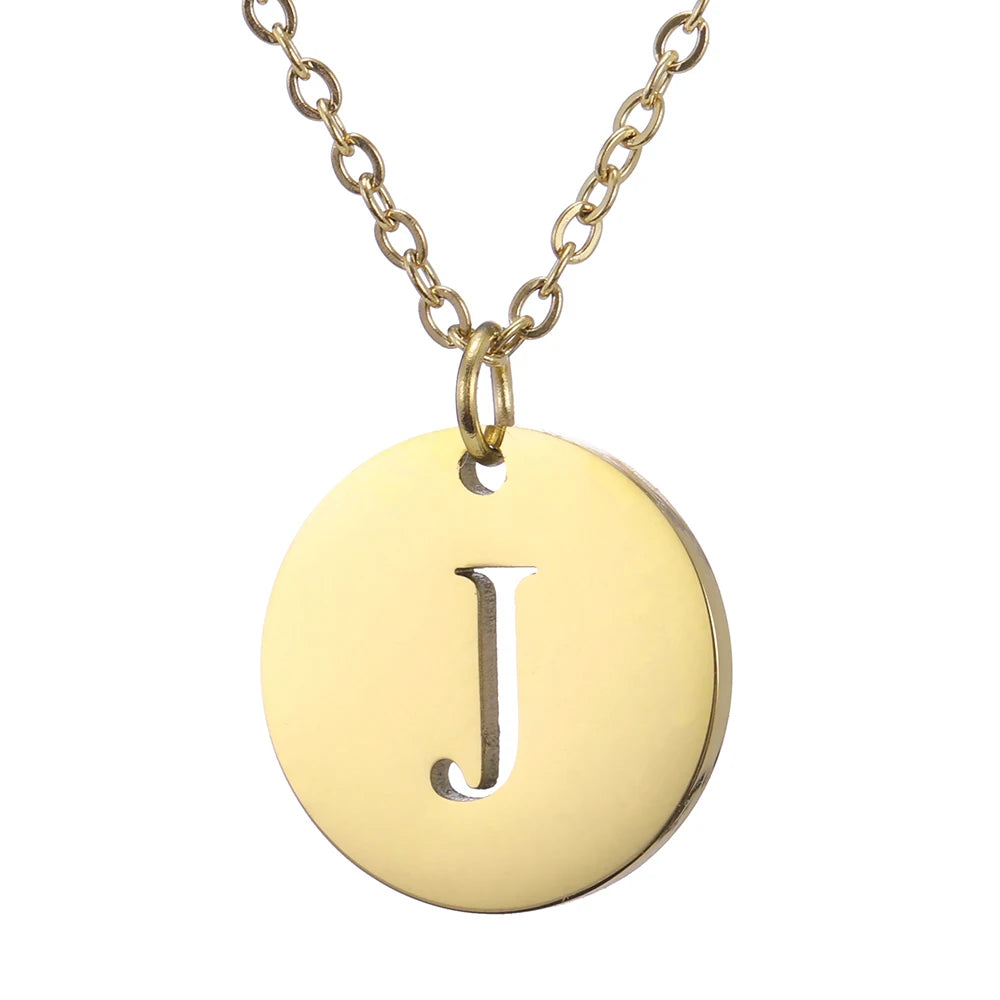 Amaxer Stainless Steel Necklace Fashion Gold Color Initial Charms Metal Round A To Z Letters For Women Single Name Jewelry Gifts