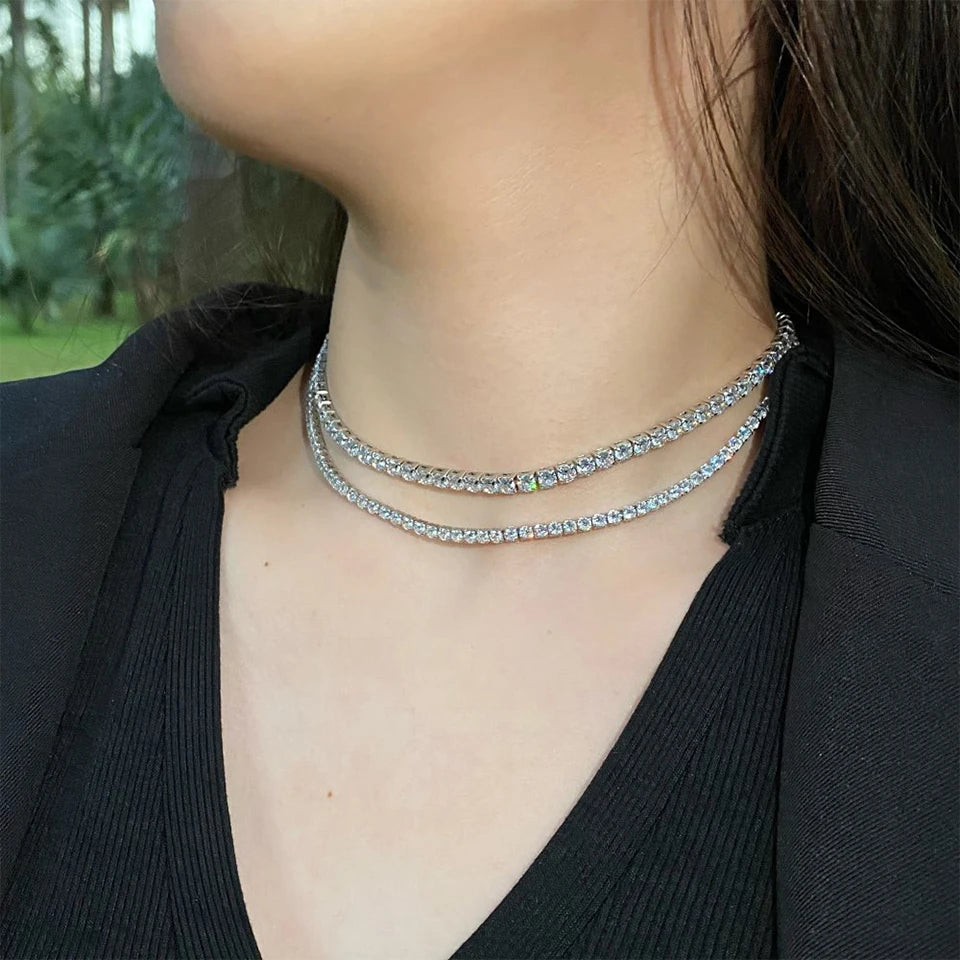 2mm/3mm High Carbon Diamond Tennis Necklace for Women 925 Sterling Silver Sparking Adjustable Chokers Necklaces Fine Jewelry