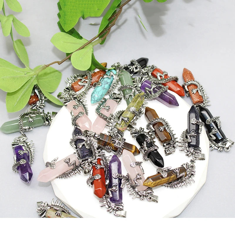 15 Pcs Mixed Stone Powder Crystal Amethyst Hexagon Pendant Fashion Natural Stone Panlong Crystal Pendant Men Women Jewelry Gift