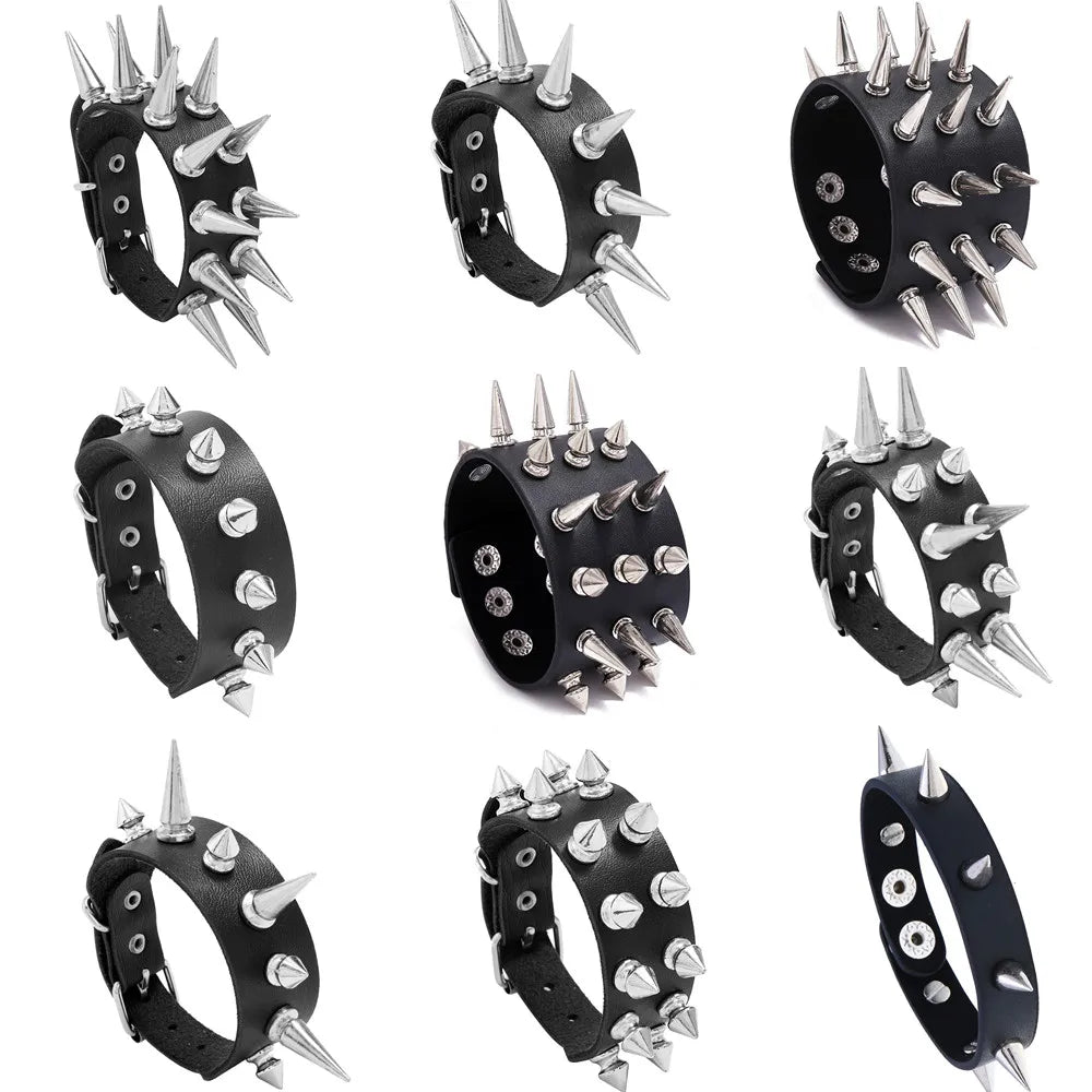 DIEZI Personality Hip Hop Men Spiked Rock Bracelet Bangle Women Vintage Punk Cosplay Black PU Leather Wrap Bracelet New Jewelry