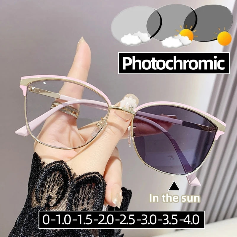 Fashion Cat Eye Photochromic Sunglasses Unisex Near Sight Eyeglasses with Color Changing Lens Women Luxury Minus Diopter 0 ~-4.0