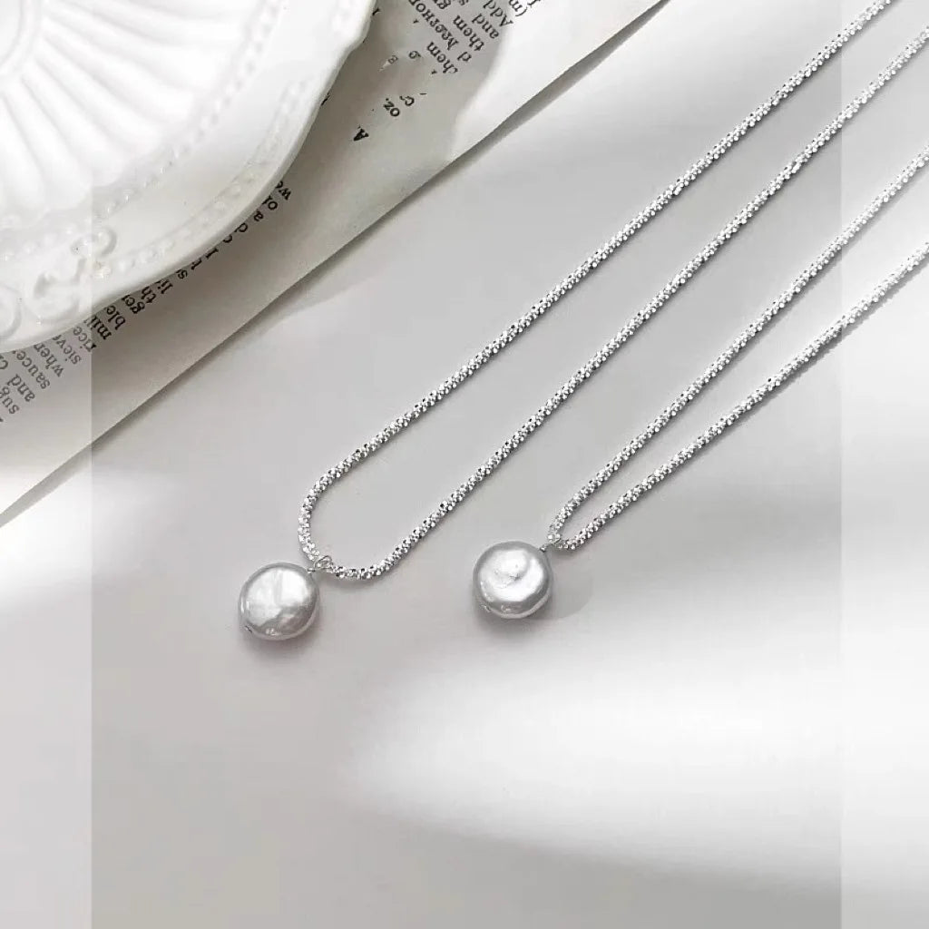 Baroque Button Pearl Pendant Necklace for Women Fashion Silver Color Stainless Steel No Fade Sparkling Clavicle Chain Jewelry