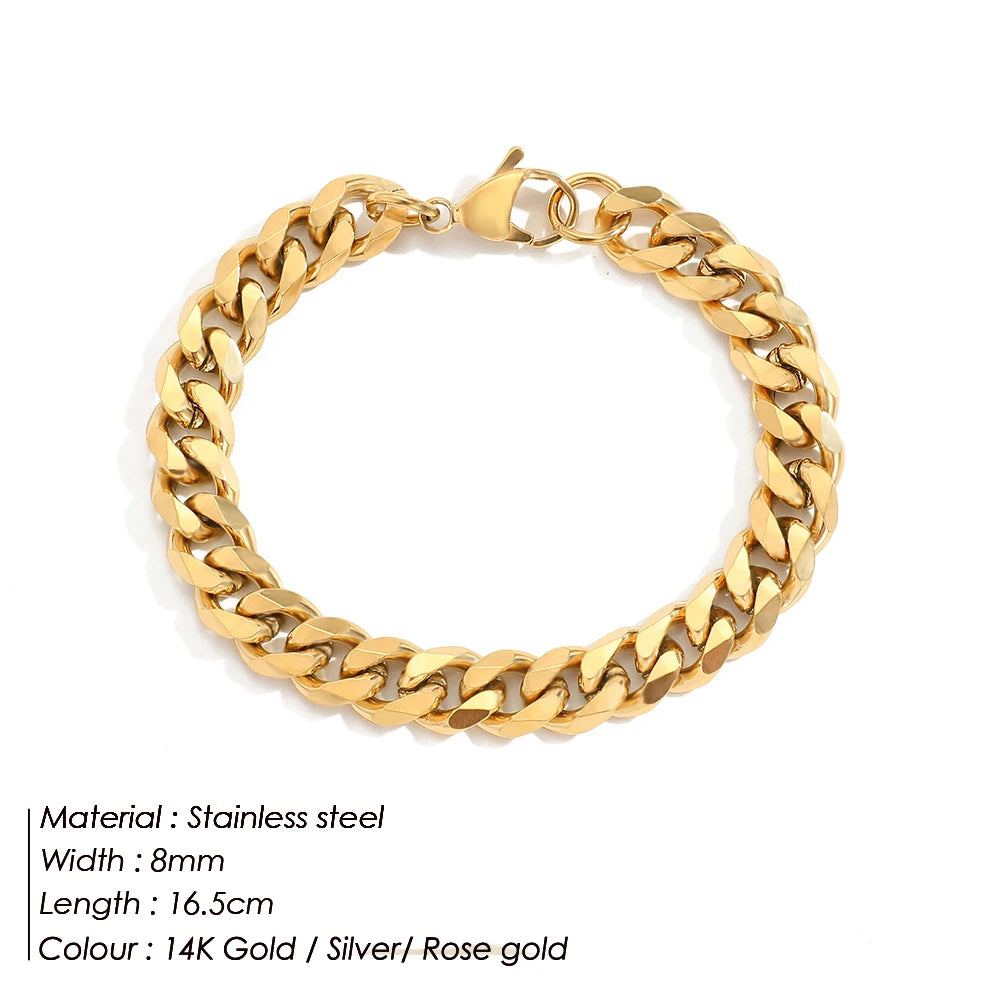 gold color Cuba chain charm bracelets for women Stainless steel link chain Lobster clasp snap button jewelry drop shipping