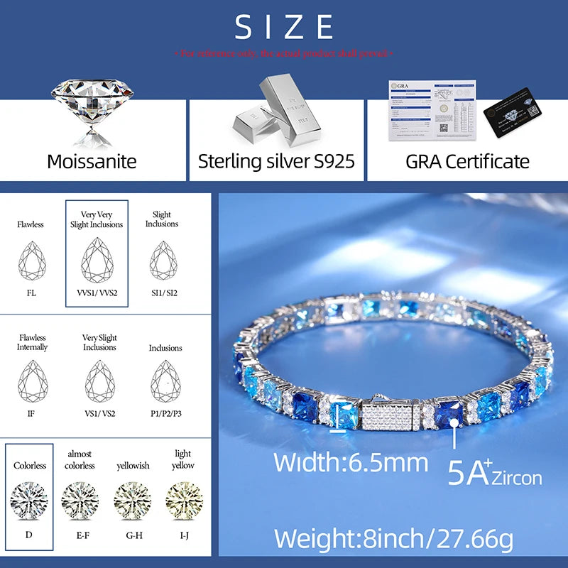 ICEOUTBOX Gradient Blue Square Baguette Tennis Bracelet For Women S925 Silver New Original Men Unisex Hip Hop Jewelry Party Gift