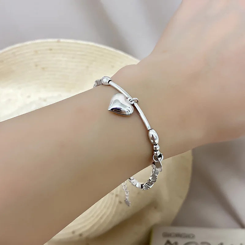 VENTFILLE 925 Sterling Silver Double Love Heart Hollow Round Beads Bracelet Female Fashion Romantic Jewelry Classic Adjustable