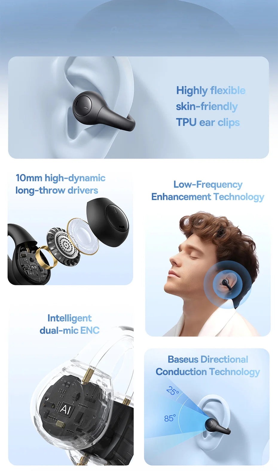 Baseus AirGo AS01 Wireless Headphones Ear clip Earphones Bluetooth 5.3  2MIc ENC HD Call Noise Reduction Earbuds Sports Earbuds