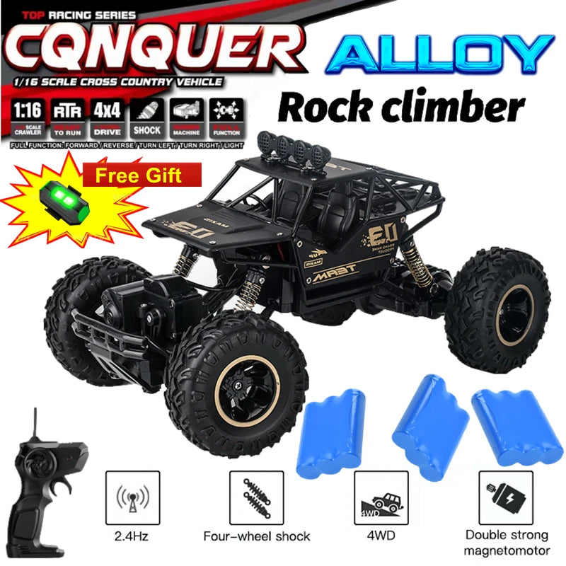 1:16 4WD RC Car With Led Lights Remote Control Cars Buggy Off Road 4x4 Radio Control Alloy Trucks Boys Toys for Children