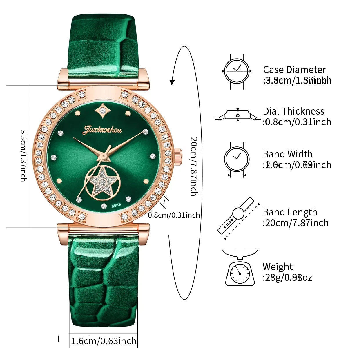 6PCS/Set Fashion Rhinestone Green Women's Watch Leather Band Analog Quartz Watches Jewelry Set（Without Box）