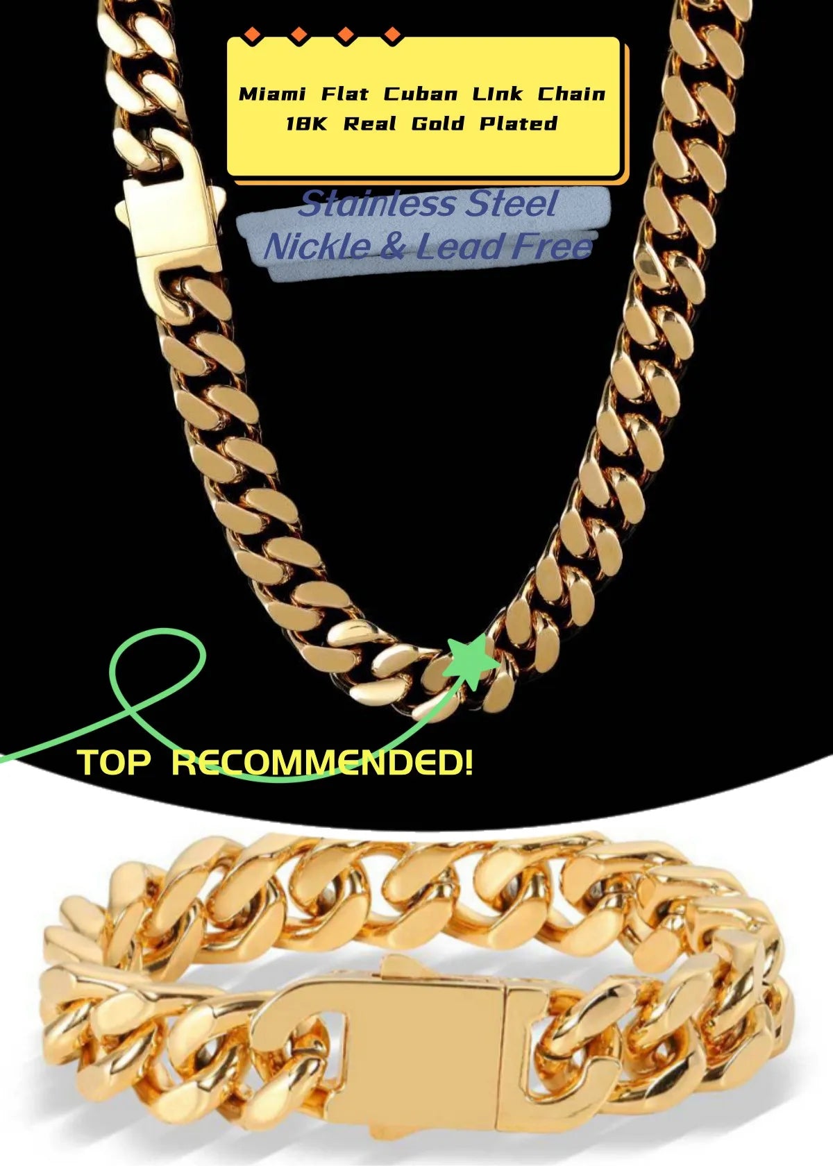 SDA Men's Cuban Link Chain Necklace Bracelet Stainless Steel Black Gold Color Male Choker Jewelry