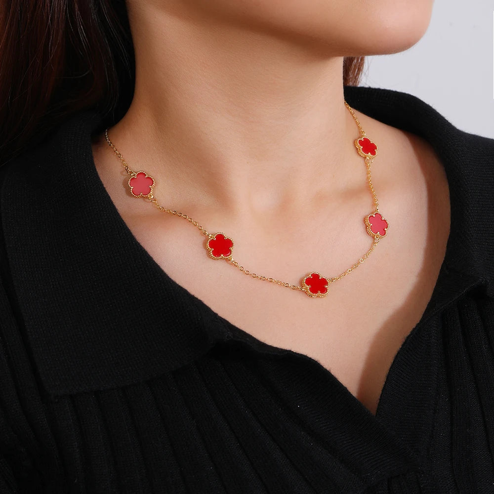 2024 Hot Sale 10 Colors Five-Leaf Flower Set Bracelet Necklace Classic Simple Women Jewelry Set Suitable For Daily Party Wear