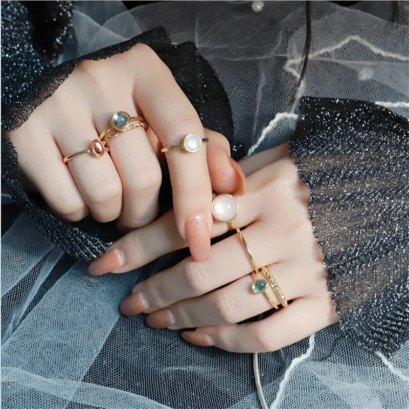 HZ 2021 New Korea 5pcs/set Colorful Stone Rhinestone Metal Chain Trendy Geometry Hit Rings Set for Women Girls Jewelry Gifts