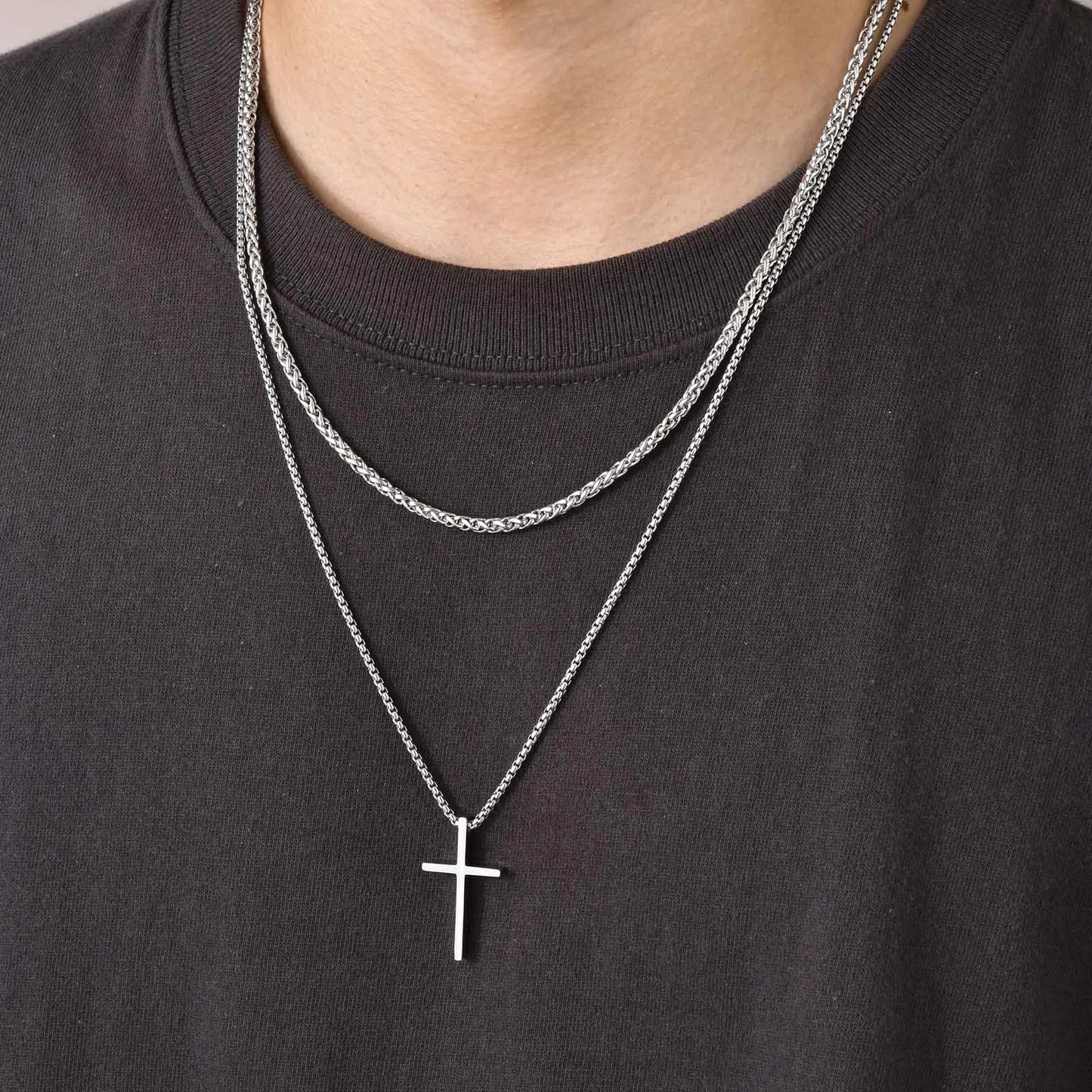 Vnox Mens Cross Necklaces, Stainless Steel Layered Plain Cross Pendant, Rope Box Chain Necklace, Simple Prayer Jesus Collar