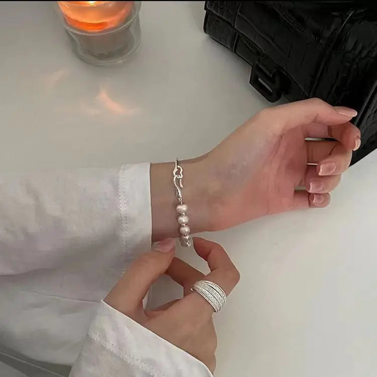 Silver Color Chain Splicing Pearl Bracelet for Women Simple Korean Irregular Imitation Pearl Bracelet Jewelry Birthday Gift