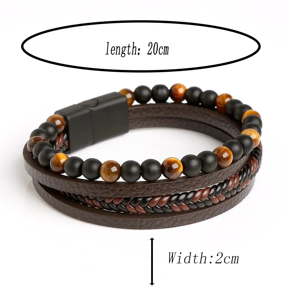 Men Leather Bracelet Classic Fashion Tiger Eye Beaded Multi Layer Leather Bracelet For Men Jewelry Gift