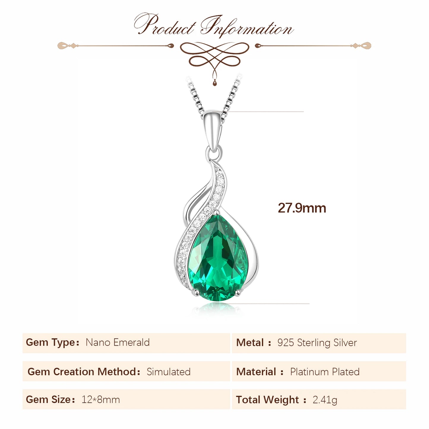 Potiy Pear Shape 2.72ct Nano Emerald Pendant Necklace No Chain 925 Sterling Silver for Women Daily Wedding Party Jewelry