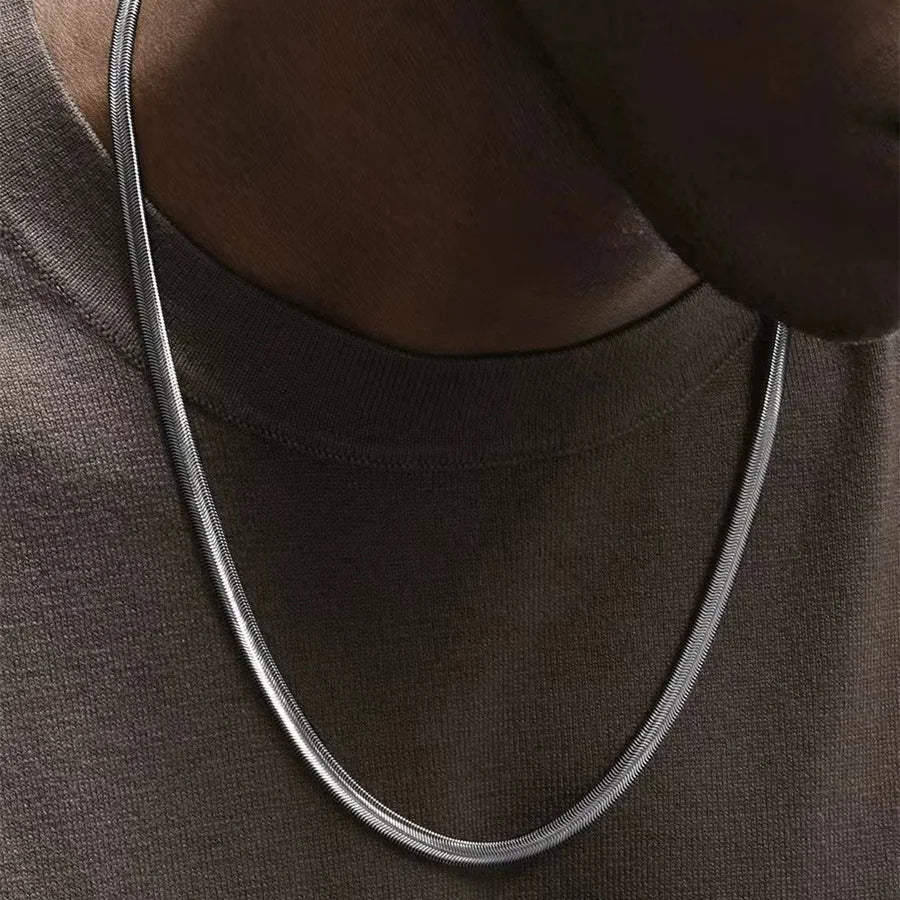 Hip-Hop Men Stainless Steel Chain Necklace Simple Flat Snake Chain Basic Chain For Women Fashion Wearing Accessories Trendy Je