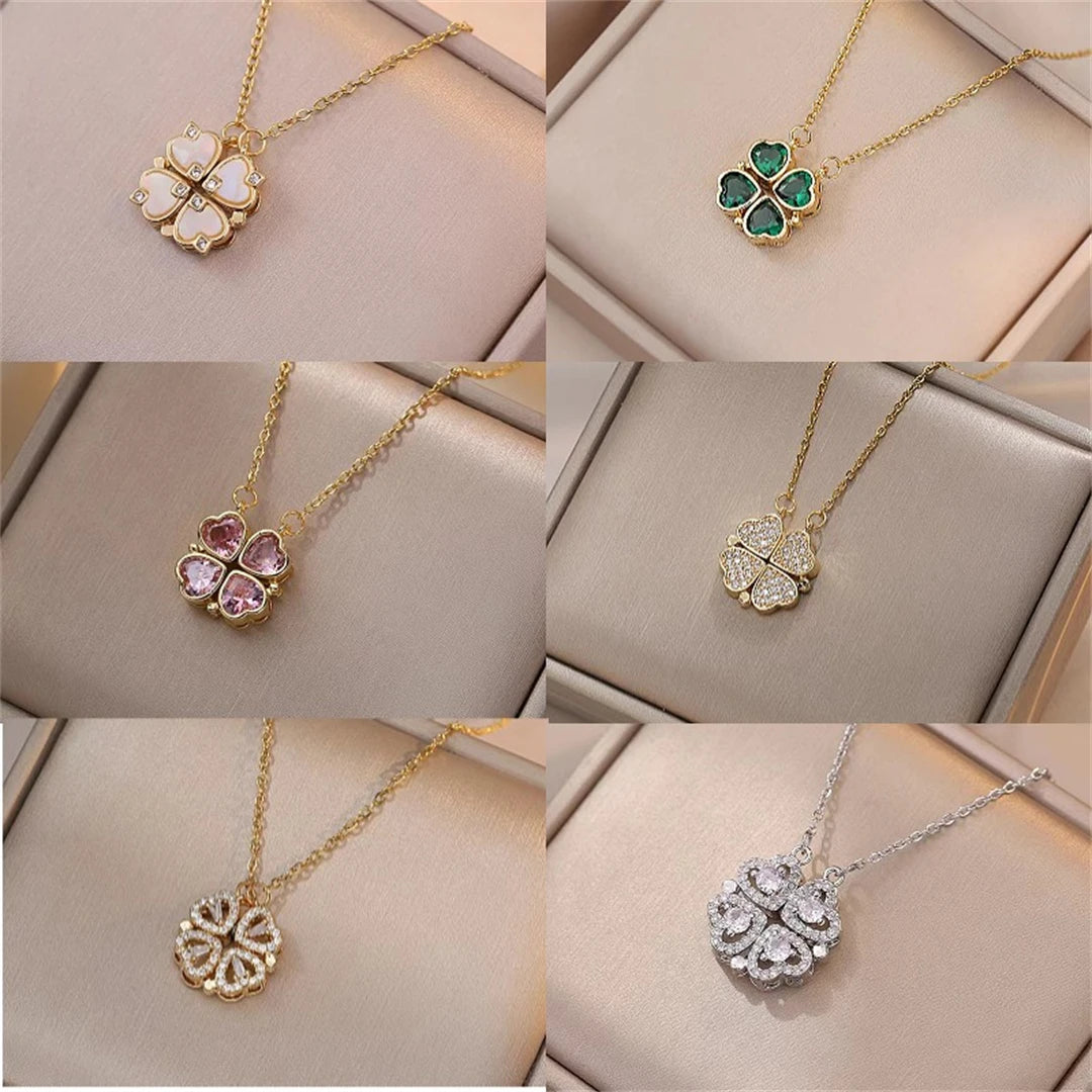 Fashion Retro Lucky Four Leaf Clover Women Necklace Gothic Love Heart Pendant Choke Chain Necklace Stainless Steel Jewelry Gift